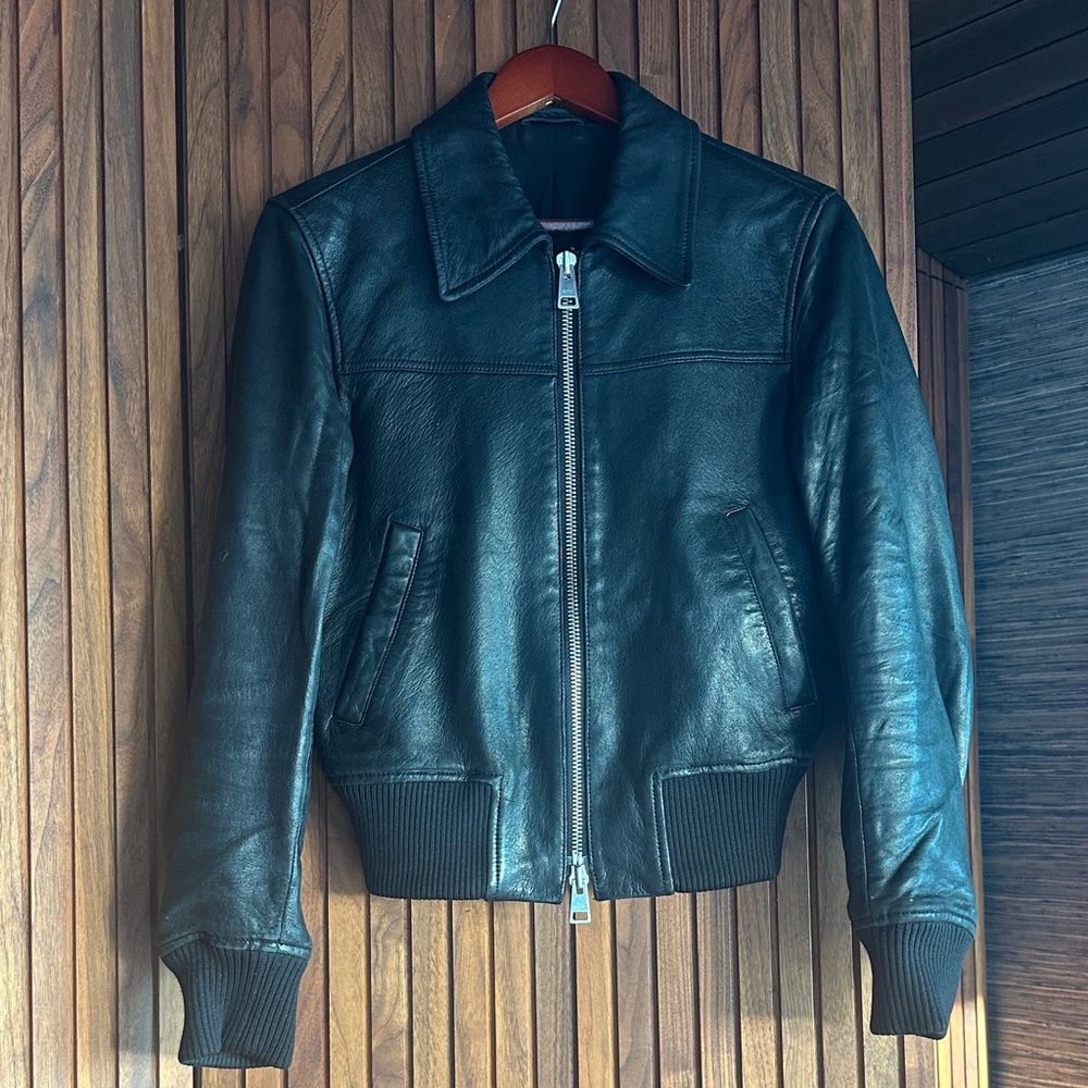 Ami Paris Black Leather Bomber Jacket